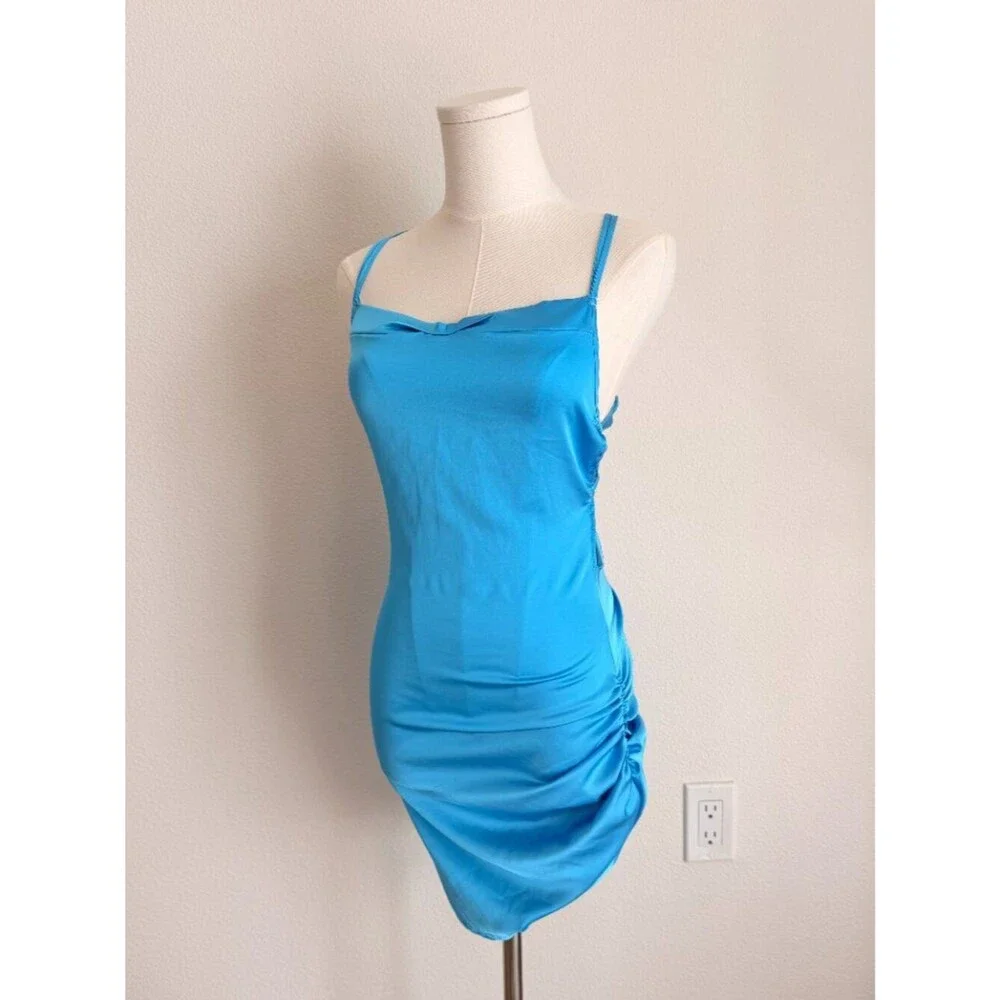 Blue Chiffon Spaghetti Straps Open Back Ruched Mini Dress